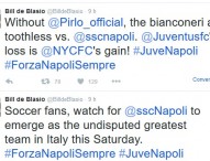 Il paisà de Blasio non si nasconde: “Juve senza mordente, Forza Napoli, la squadra più forte”