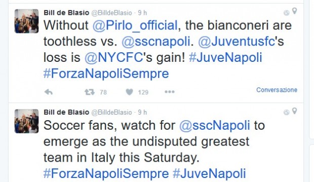 Il paisà de Blasio non si nasconde: “Juve senza mordente, Forza Napoli, la squadra più forte”