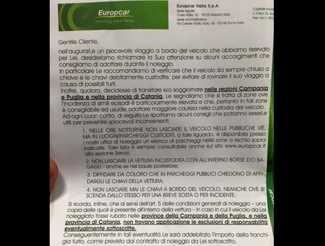 “Vai con la nostra auto a noleggio in Campania, Puglia e Catania? Occhio ai ladri”. E’ polemica
