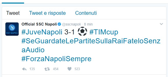 “Se guardate le partite sulla Rai fatelo senza audio”, l’hashtag polemico del Napoli nel dopo Juve