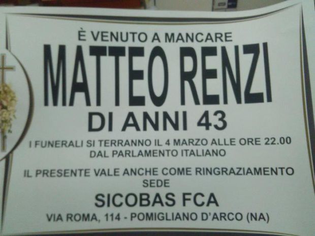 Pomigliano D’Arco: Polizia blocca affissione manifesti funebri dedicati a Renzi