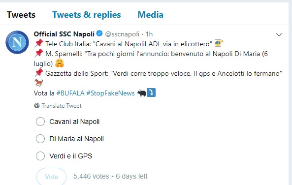 “Di Maria, Cavani o Verdi-gps? Vota le fake news”. È polemica sul Napoli