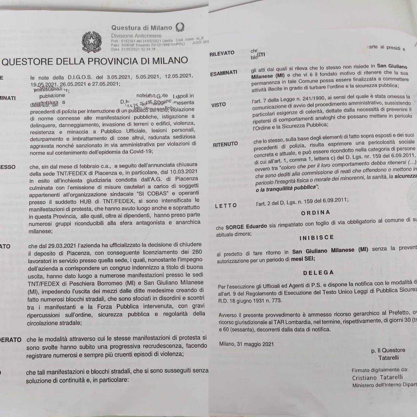 Arriva il foglio di via per i sindacalisti combattivi: Eddy Sorge è un “pericolo sociale”