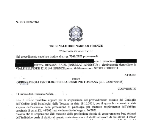 Firenze, Giudice reintegra la psicologa sospesa: ‘Il vaccino è sperimentale e pericoloso”