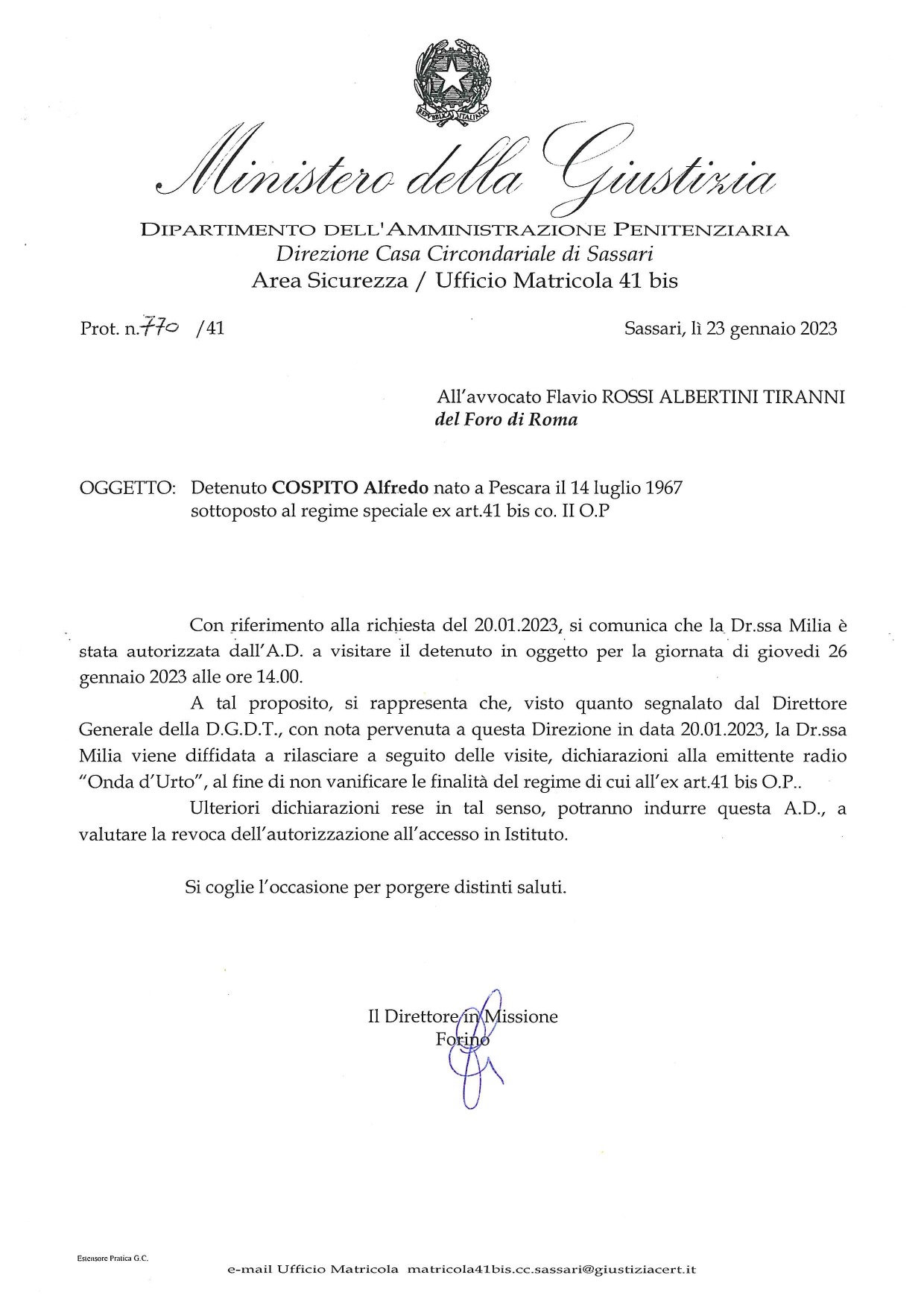 Ministero di Giustizia al medico di Alfredo Cospito "vietato concedere