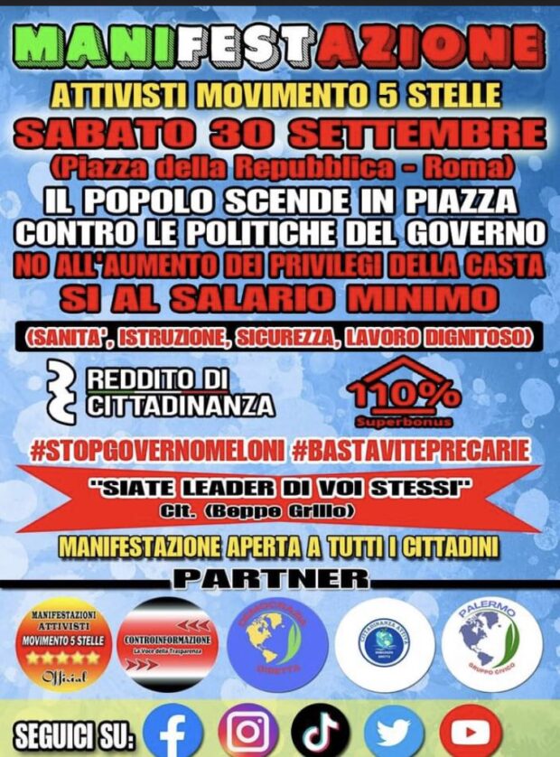 Roma, 30 Settembre: M5s in piazza per il Reddito di Cittadinanza e il Superbonus edilizia