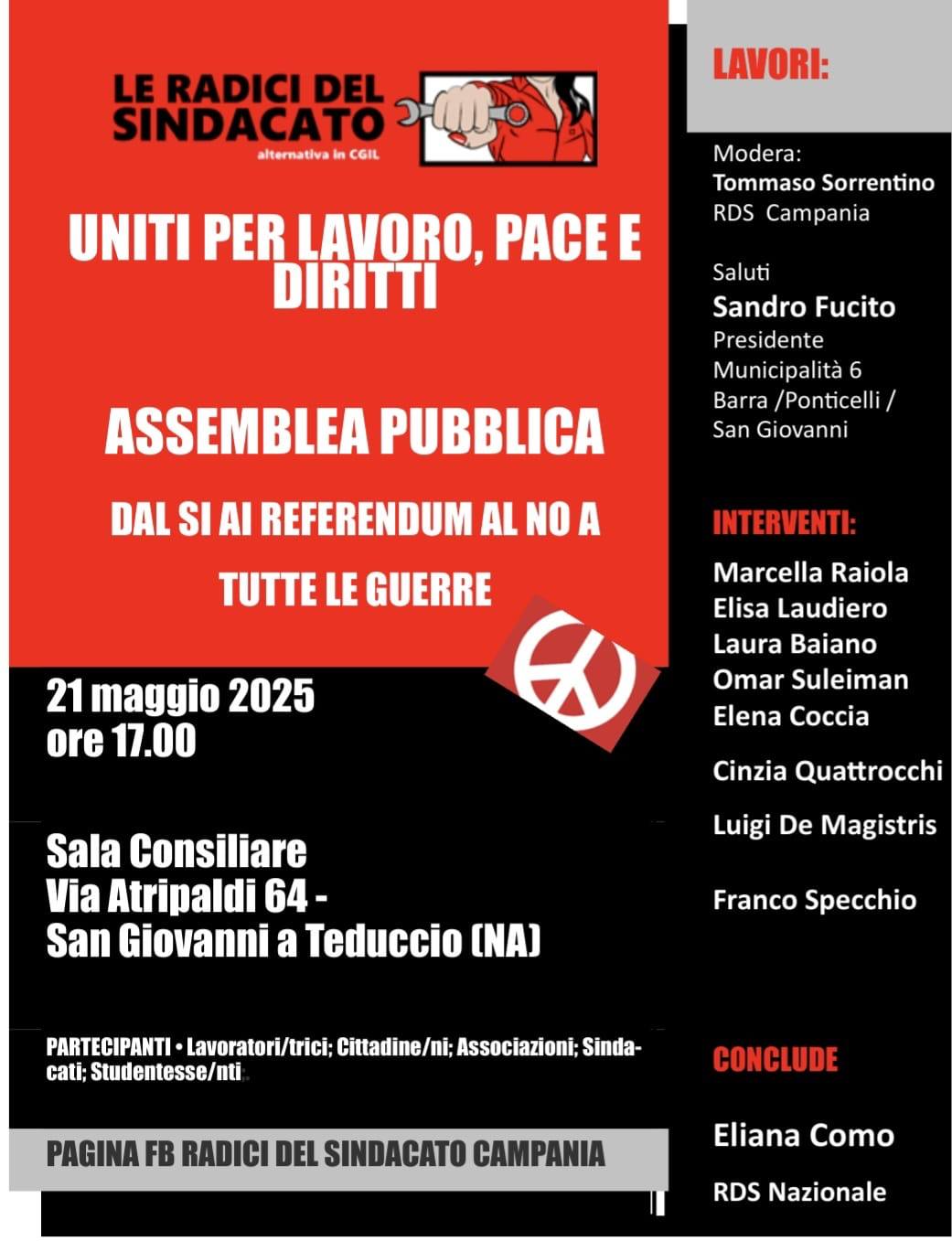 Dal Si ai referendum al No a tutte le guerre: assemblea 21 maggio a Napoli, San Giovanni a Teduccio