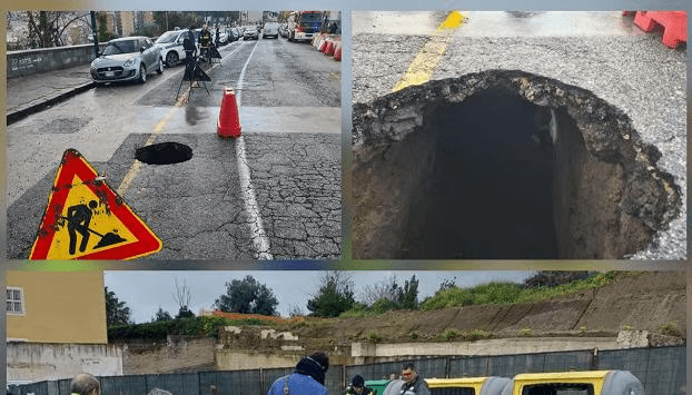 Paura a Napoli, voragine profonda in via Caravaggio dopo le piogge